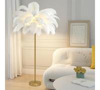 Lampada da Terra con Piume, Lampada da Terra con Piume di Struzzo Naturale, Lampada Decorativa Semplice per Camera da Letto e Soggiorno, Corpo Lampada Dorato, Dimmerabile in 3 Colori con Lampadina L