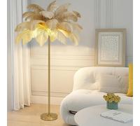Lampada da Terra con Piume, Lampada da Terra con Piume di Struzzo Naturale, Lampada Decorativa Semplice per Camera da Letto e Soggiorno, Corpo Lampada Dorato, Dimmerabile in 3 Colori con Lampadina L