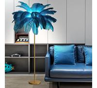 Lampada da terra /in piuma di struzzo naturale piantana per arredamento camera letto ragazza, luce terra con finitura oro, luce d'atmosfera 3 temperature colore con interruttore pedale (cielo blu )