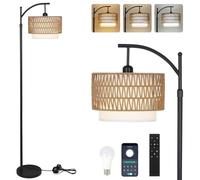 Lampada da terra in rattan dimmerabile con telecomando e lampadina LED, controllo tramite applicazione, lampada da terra boho con paralume in rattan e lino, lampada da terra vintage per soggiorno,