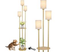 Lampada da terra oro soggiorno, lampada da terra moderna con mensola, lampada da terra vintage a 3 luci con paralume in lino e interruttore a pedale, lampade da terra industriali per camera da letto