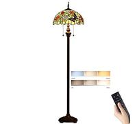 Lampada da terra Tiffany dimmerabile retrò con telecomando e interruttore a tirante, paralume in vetro colorato a farfalla, base in resina anticata, ideale per camera da letto, soggiorno, sala da