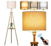 Lampada da Terra Treppiede in Legno con Ripiano Lampade da Terra Dimmerabile con E27 12W Lampadina 3 Colori Dimmerabili 3000K-6000K Piantana da Salotto con Telecomando per Soggiorno Camera Ufficio