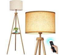 Lampada da Terra Treppiede in Legno Solido Piantana da Salotto con Telecomando