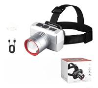 Lampada frontale a LED ricaricabile con display digitale e zoom regolabile, per escursionismo, attività all'aperto, batteria da 800 mAh, ricarica tipo C (E)