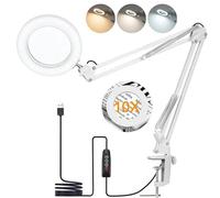 Lampada Lente Ingrandimento LED 10X con Luce,72 LED,Braccio Flessibile,Lente in Vetro Reale,con Morsetto e Base per Lettura,Cucito,Lavori di Precisione,Bianco