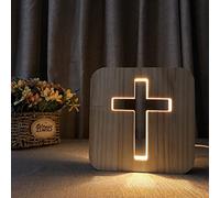 Lampada notturna a LED, con croce di Gesù, modellazione creativa, intaglio in legno, luce bianca calda, con USB, decorazione in legno, regalo illuminato per cristiani religiosi