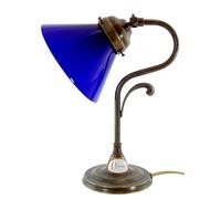 Lampada ottone brunito stile ministeriale per tavoli,comodini vetro blu lmi6