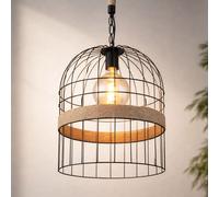 Lampada Pendente a Sospensione Corda Canapa Griglia Metallica Nero E27 H 140cm [EEK: Non valutato]