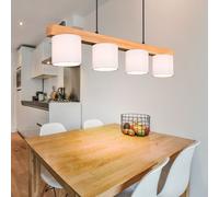 Lampada Pendente Sala Pranzo 4 Fiamma Tessuto Bianco Natura Legno H 150cm [EEK: Inaditato]