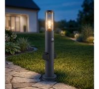 Piantana LED con presa di corrente e rilevatore di movimento Colonna da giardino con luce, acciaio inox antracite, plastica fumé, 1x filamento E27 LED bianco caldo, DxH 7,6x60 cm