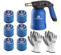 Lampada per Saldare Kemper + 6 Bombole Gas Butano Sicuro + 2 Guanti Omaggio | Cannello Accendifuoco Professionale per Fai-da-Te, Barbecue, Diserbo, Saldature Leggere