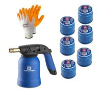 Lampada per Saldare Kemper + 6 Bombole Gas Butano Sicuro + Guanti Omaggio | Cannello Accendifuoco Professionale per Fai-da-Te, Barbecue, Diserbo, Saldature Leggere