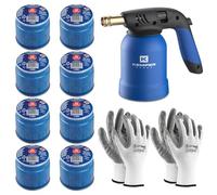 Lampada per Saldare Kemper + 8 Bombole Gas Butano Sicuro + 2 Guanti Omaggio | Cannello Accendifuoco Professionale per Fai-da-Te, Barbecue, Diserbo, Saldature Leggere