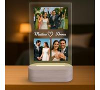 Lampada personalizzata con 3 foto e nomi - regalo romantico con luce LED su lastra in metacrilato e base in legno USB - personalizzazione per coppia, matrimonio, anniversario o San Valentino