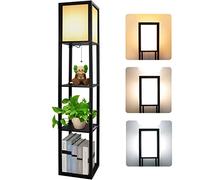 Lampada Salotto da Terra, 3000K-5000K Lampada da Pavimento in Legno con Scaffale, Lampada a Stelo 1.6M, Piantana da Terra con Presa E27 per Camera Da Letto e Soggiorno (Lampadine Incluse)