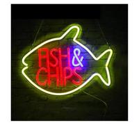 Lampada segnaletica Insegna Luminosa Al Neon Fish And Chips Con LED, Logo Al Neon A Forma Di Pesce, Decorazione Da Appendere 42cmx32cm