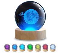 Lampada Sfera di Cristallo 3D con Sistema Solare, Sfera di Cristallo k9 3D, 7 Colori Luce Notturna Sfera di Cristallo Ricarica USB, Diametro 6 cm, Alimentazione 5V USB, Con Base in Legno