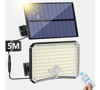 Lampada Solare da Esterno - 200LED Luce Solare LED Esterno con Sensore di Movimento 2200mAh 4 Modes Telecomando Faretto LED da Esterno Solare con Pannello, Luci da Esterno Giardino Solari con 5M Cavo