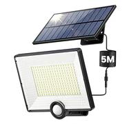 Lampada Solare da Esterno, Faretto Led da Esterno con Sensore di Movimento, 204LED 3 Modes Luce Solare Led Esterno con Pannello Solare IP65 Impermeabile, Lampioni Luci Solari con 5M Cavo-1 Pezzi