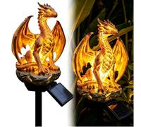 Lampada Solare da Giardino con Drago Dorato Luce Calda | Stile Gotico Medievale, Luce Warm Ambra, Dimensioni 10x13 cm, Alimentazione Solare, Palo da Interrare