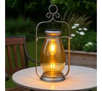 Lanterna a luce solare a LED lampada da esterno decorazione da giardino lampada da balcone, metallo vetro ambra argento, batteria IP44 resistente alle intemperie, bianco caldo 3000K, H 36,5 cm