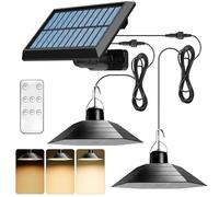 Lampada solare per interni ed esterni, lampada solare con telecomando, lampada a LED solare IP65, impermeabile, per esterni, con cavo da 3 m, lampada a sospensione solare a doppia testa per terrazza e