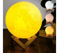 Lampada Tavolo Luna 15cm Luce LED 3 Colori Moon Lamp Batteria USB Supporto Legno