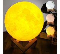 Lampada Tavolo Luna 18cm Luce LED 3 Colori Moon Lamp Batteria USB Supporto Legno