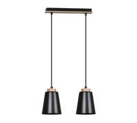 Lampadario 2 Luci Lancillotto Con Paralumi A Cono In Acciaio Nero E Legno Naturale