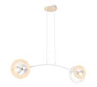 Lampadario 2 Luci Rea Acciaio Bianco Legno Naturale E Diffusori Doppio Cerchio