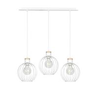 Lampadario 3 Luci Morgana Paralumi A Gabbia In Acciaio Bianco E Legno Naturale