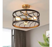 Lampadario 3 luci semi-incassato da soffitto lampada da soffitto lampadario apparecchio moderno industriale nero e oro gabbia di metallo lampada compatibile,per la scala d'ingresso