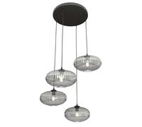 Lampadario 4 Luci Iris Base Tonda In Acciaio Nero Paralume Plissettato Fumè