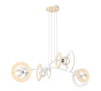 Lampadario 4 Luci Rea Acciaio Bianco Legno Naturale E Diffusori Doppio Cerchio