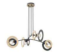 Lampadario 4 Luci Rea Acciaio Nero Legno Naturale E Diffusori Doppio Cerchio