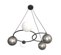 Lampadario 5 Luci Eolo A Cerchi E Diffusori In Vetro Rigato Opale E Fumè