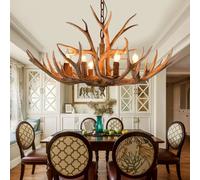 Lampadario a LED con corna vintage Corna in resina retrò marrone chiaro 6 luci Lampada a sospensione a catena sospesa per montaggio a soffitto per sala da pranzo