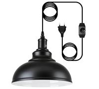 Lampadario a Sospensione con Spina, E27 Vintage Lampada a Sospensione con Cavo da 4.5M e Interruttore Regolabile, Industriale Lampadari Paralume Metallo Nero per Cucina Magazzino Fattoria, Ø26CM