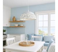 Lampadario a Sospensione da Soffitto E27 in Ferro Verniciato, Paralume Traforato Design Moderno, Ø35xH26 cm, Filo 120 cm, per Cucina, Soggiorno, Locali, Lampadina non Inclusa (Bianco)