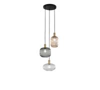 LAMPADARIO A SOSPENSIONE EGADI NERO ,SMOKE E AMBRA E TRASPARENTE IN METALLO E VETRO TRE PENDENTI E27, VETRI D.14XH20CM, D.20XH18CM, D.25XH15CM