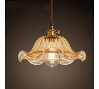 Lampadario a Sospensione Industrial V V-intage, Finitura in Ottone, Paralume in Vetro a Forma di Fiore, lampadario