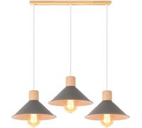 Lampadario a sospensione industriale 3 Luci Plafoniera Vintage Metallo e legno Lampada da soffitto in Stile Edison Attacco E27 Paralume Ø22cm per Cucina Caffè Bar (Grigio - barra in legno)