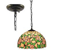 Lampadario a Sospensione Tiffany con paralumi in Vetro colorato a Forma di Tulipano Rosa, Fiori Rosa, Foglia Verde, lampadario Vintage per la casa, Largo 12" e Alto 39" per Isola Cucina, Ros