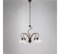 Lampadario Alice in ferro laccato marrone con decorazione oro chiaro e vetri alabastro bianchi 5 luci, altezza 46 Cm, Cavo allungabile fino a 106 Cm, larghezza 57 Cm Marrone