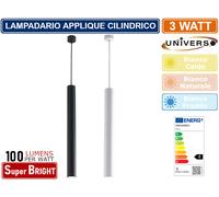 LAMPADARIO APPLIQUE A SOSPENSIONE DI FORMA CILINDRICA 3W 300 LUMEN BIANCO NERO