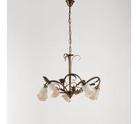 Lampadario Classico Arte Povera 5 Luci Ferro Battuto Marrone e Oro Serie Cestino