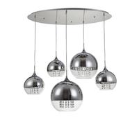 Lampadario Contemporaneo Fermi Metallo Nichel 5 Luci Diffusori Vetro E Metallo