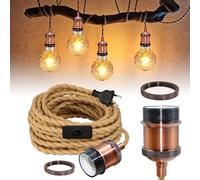 Lampadario corda di canapa cavo 5.1M, portalampada E27 vintage in rame rosso con presa e interruttore, lampada a sospensione in ottone retrò, industriale plafoniera interna, lampadario corda per