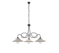 Lampadario in ferro laccato nero e decorazione effetto ruggine con diffusori in ceramica diametro 30 decorato a mano bianco e marrone 3 luci